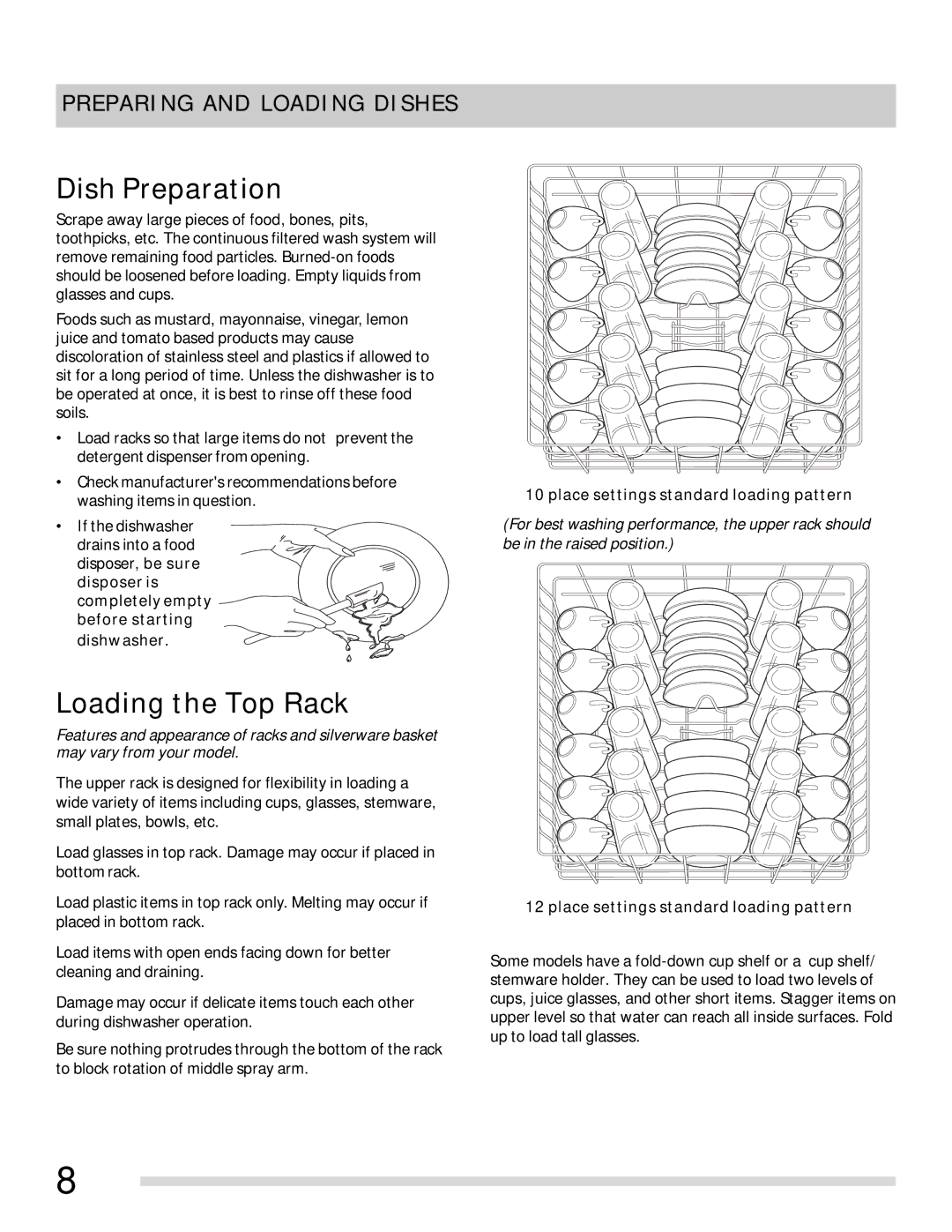 Frigidaire FGHD2455LB, FGHD2455LW, FGHD2455LF important safety instructions Dish Preparation, Preparing and Loading Dishes 