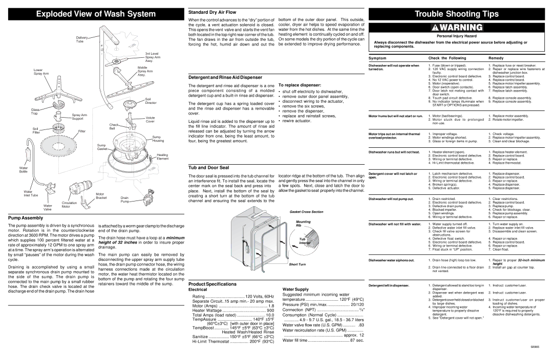 Frigidaire 154768201 specifications Standard Dry Air Flow, Detergent and Rinse Aid Dispenser, Tub and Door Seal 