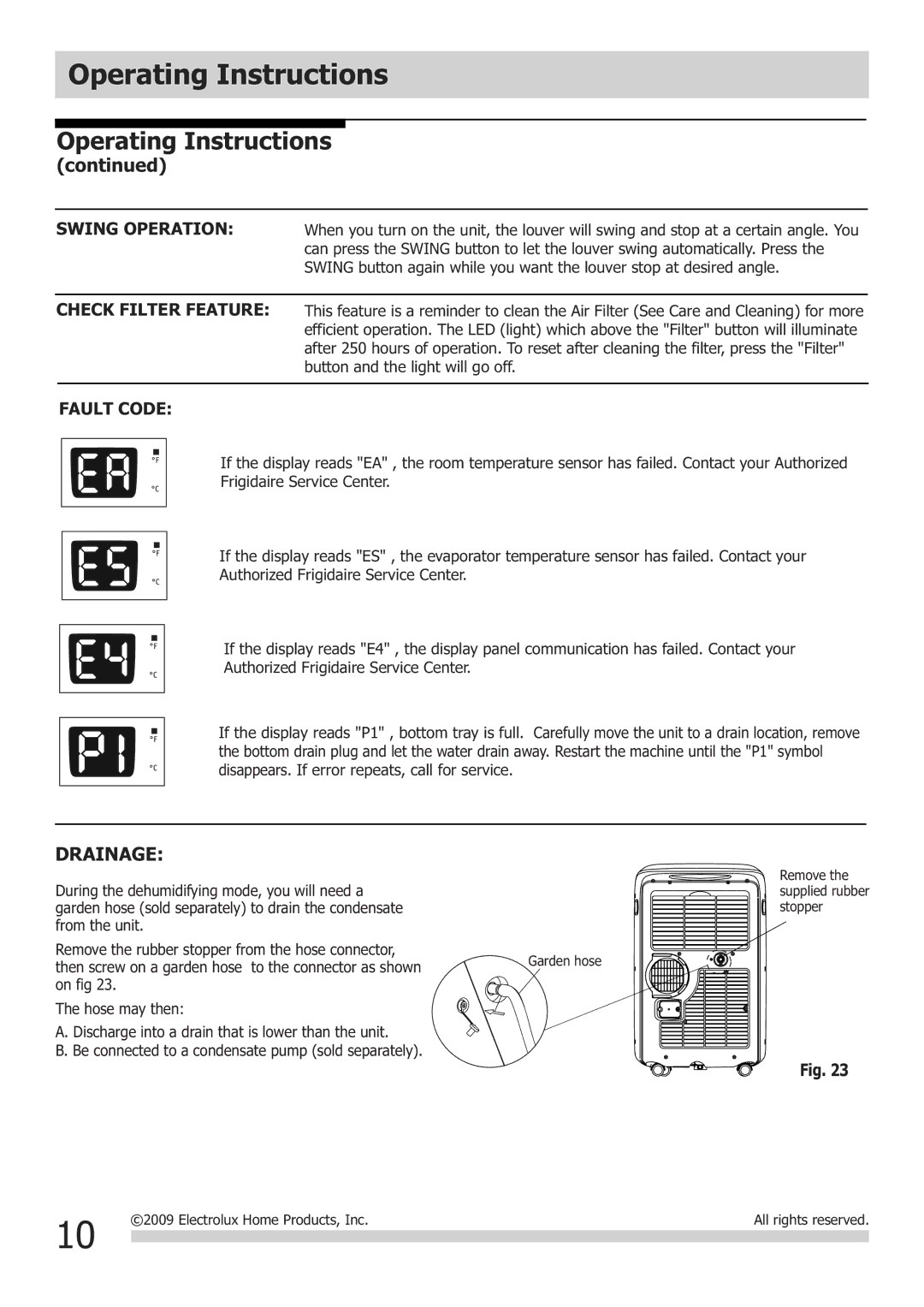 Frigidaire FGHD2472PF installation instructions Drainage, Fault Code 