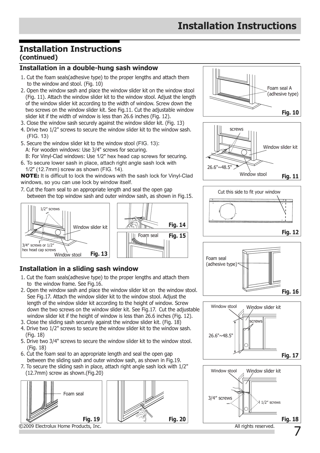 Frigidaire FGHD2472PF installation instructions Installation in a double-hung sash window 