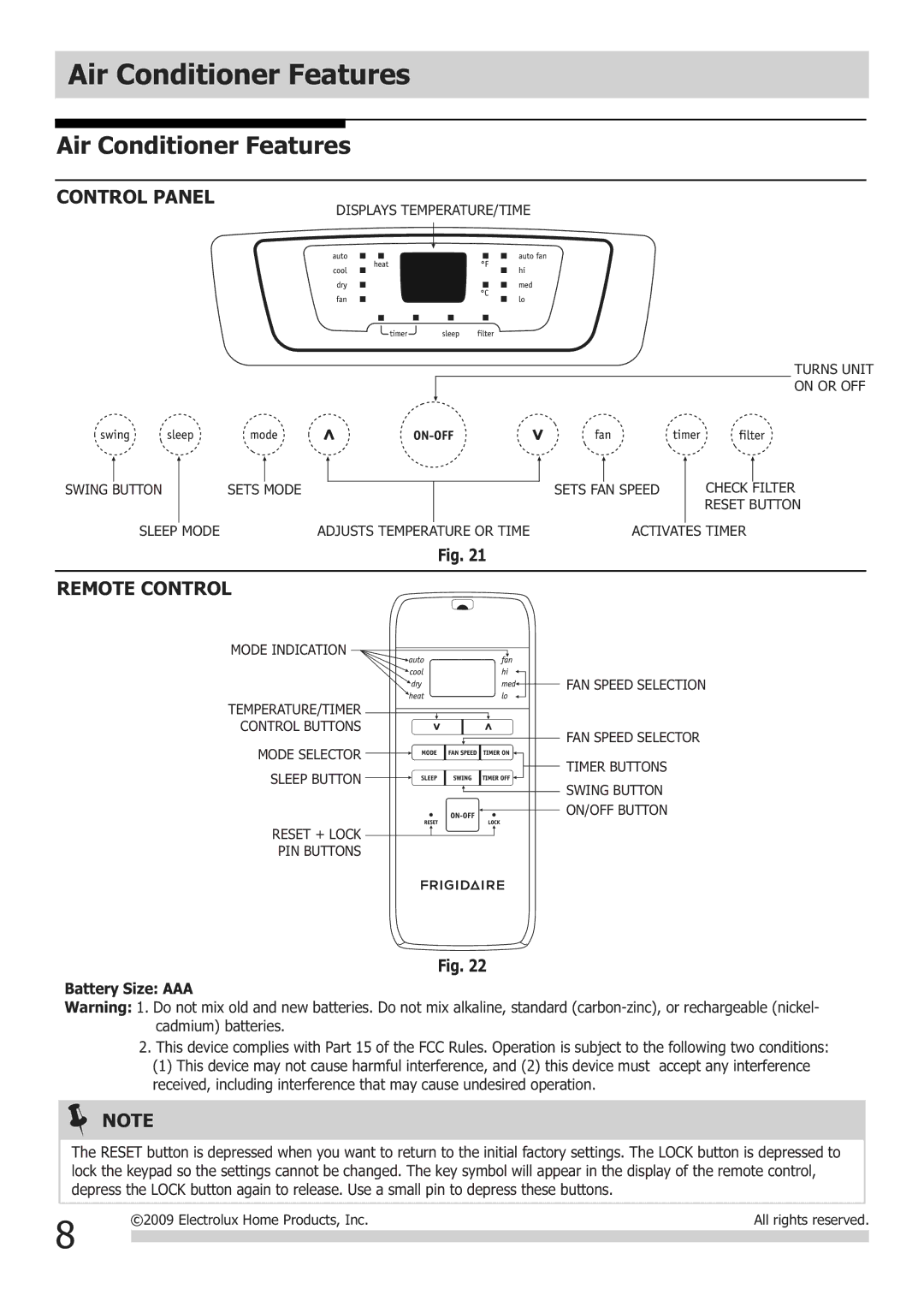 Frigidaire FGHD2472PF installation instructions Air Conditioner Features, Control Panel, Remote Control, Battery Size AAA 