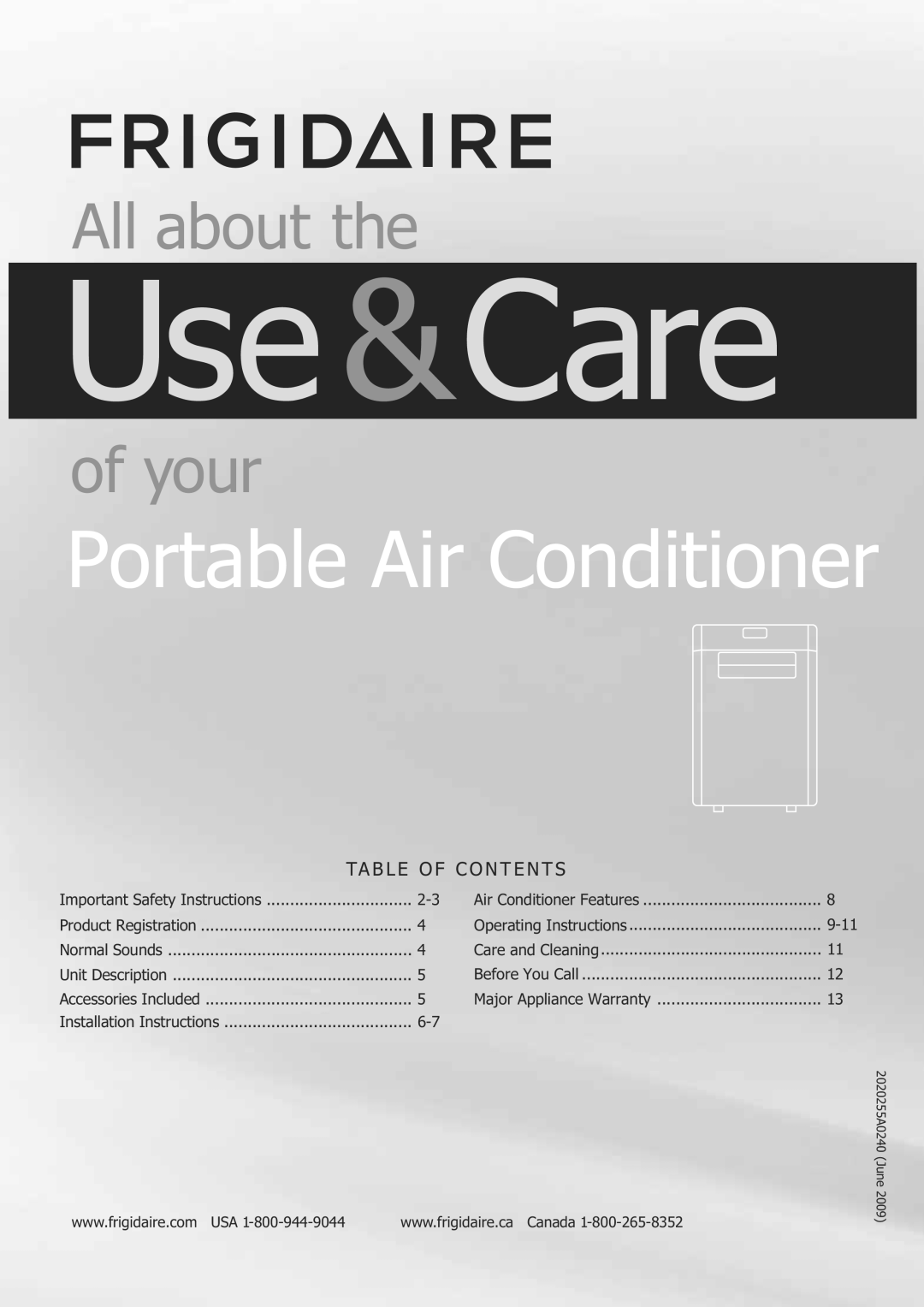 Frigidaire FGHD2472PF installation instructions Use&Care, Portable Air Conditioner, All about the, of your 