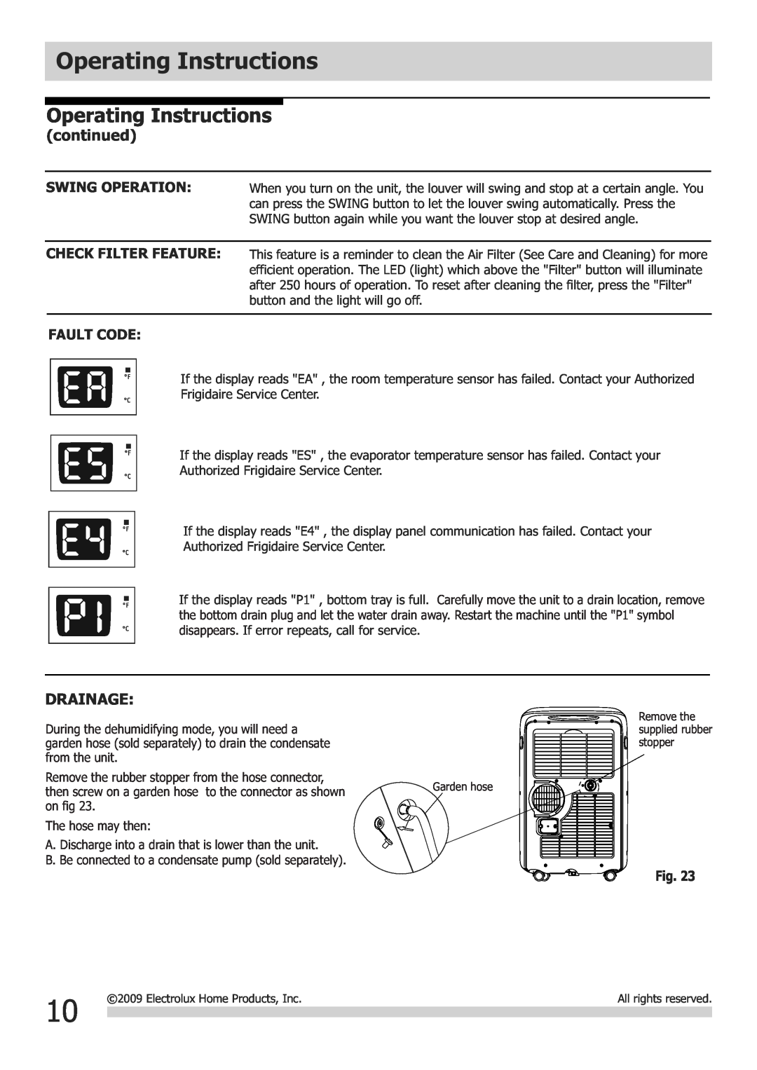 Frigidaire FGHD2472PF installation instructions Drainage, Fault Code, Operating Instructions, continued 