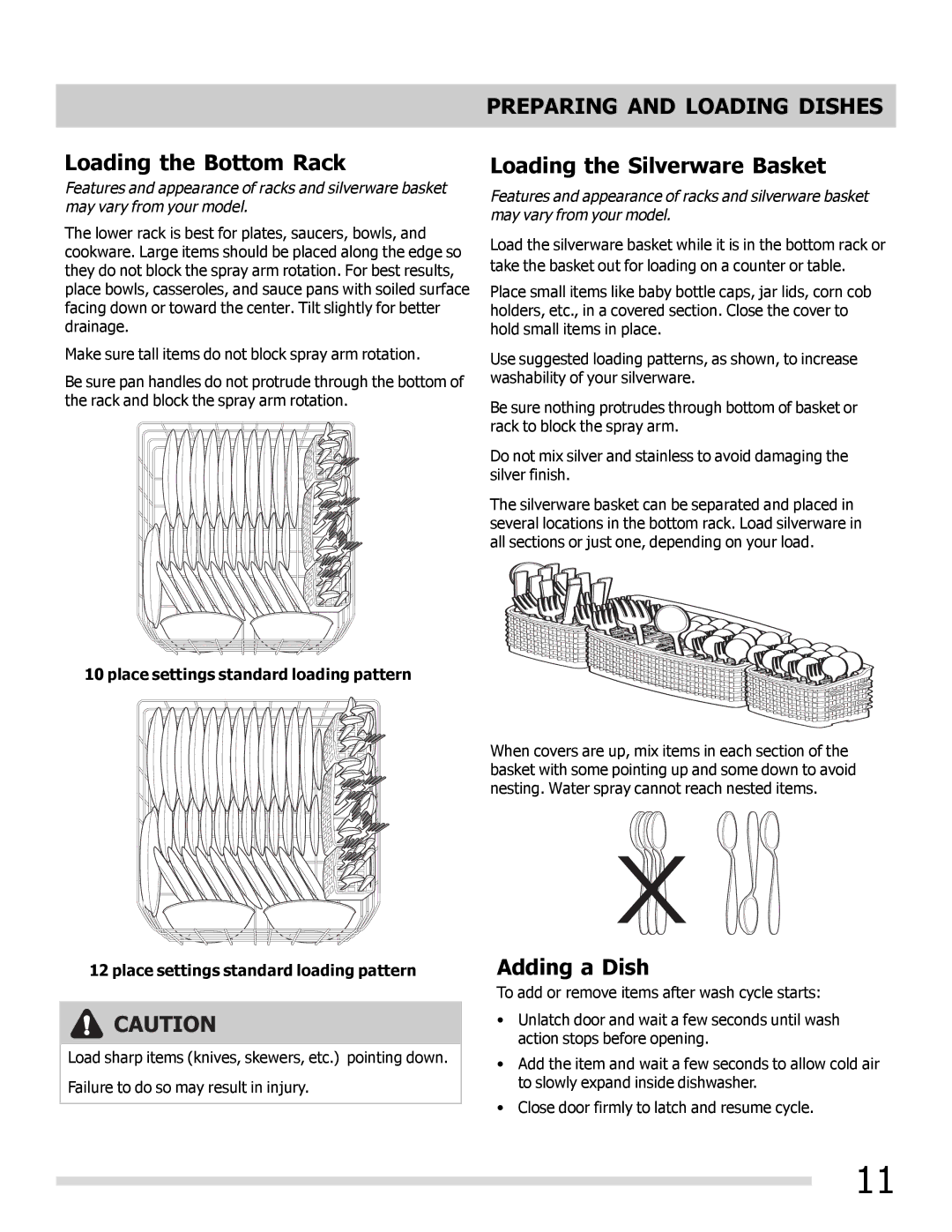 Frigidaire FGHD2472PW, FGHD2491LB, FGHD2491LW Loading the Bottom Rack, Loading the Silverware Basket, Adding a Dish 