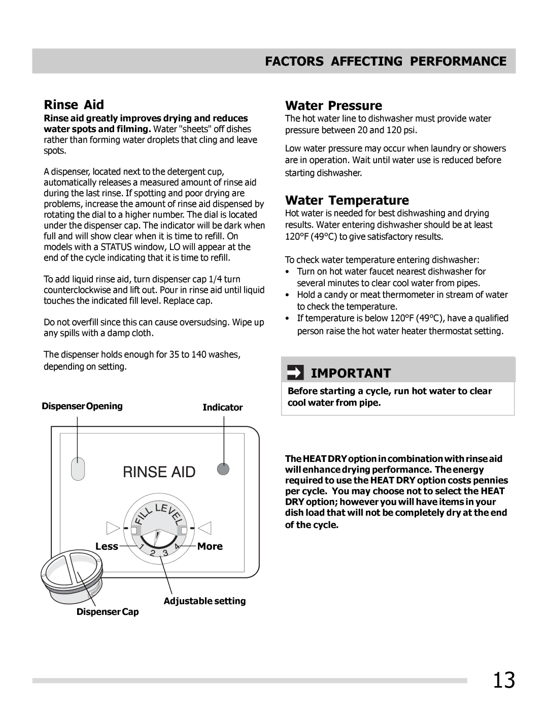 Frigidaire FGHD2472PB, FGHD2491LB, FGHD2472PW Factors Affecting Performance, Rinse Aid, Water Pressure, Water Temperature 