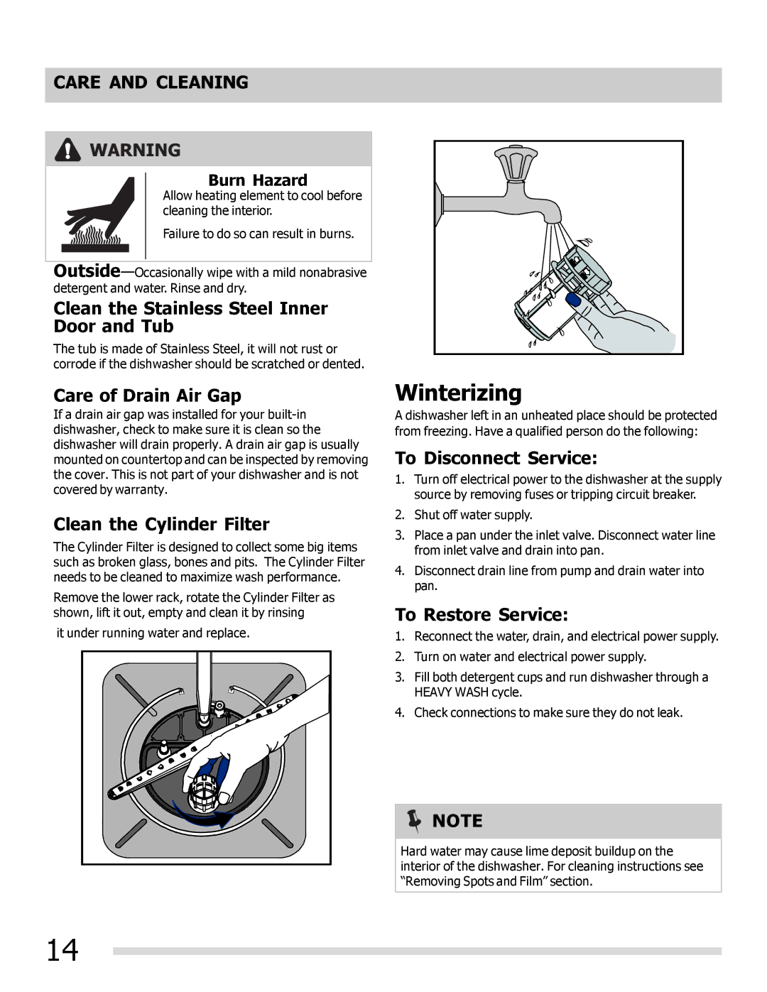 Frigidaire 6.75E+11, FGHD2491LB, FGHD2472PW, FGHD2491LW, FGHD2472PB Winterizing, Care and Cleaning 