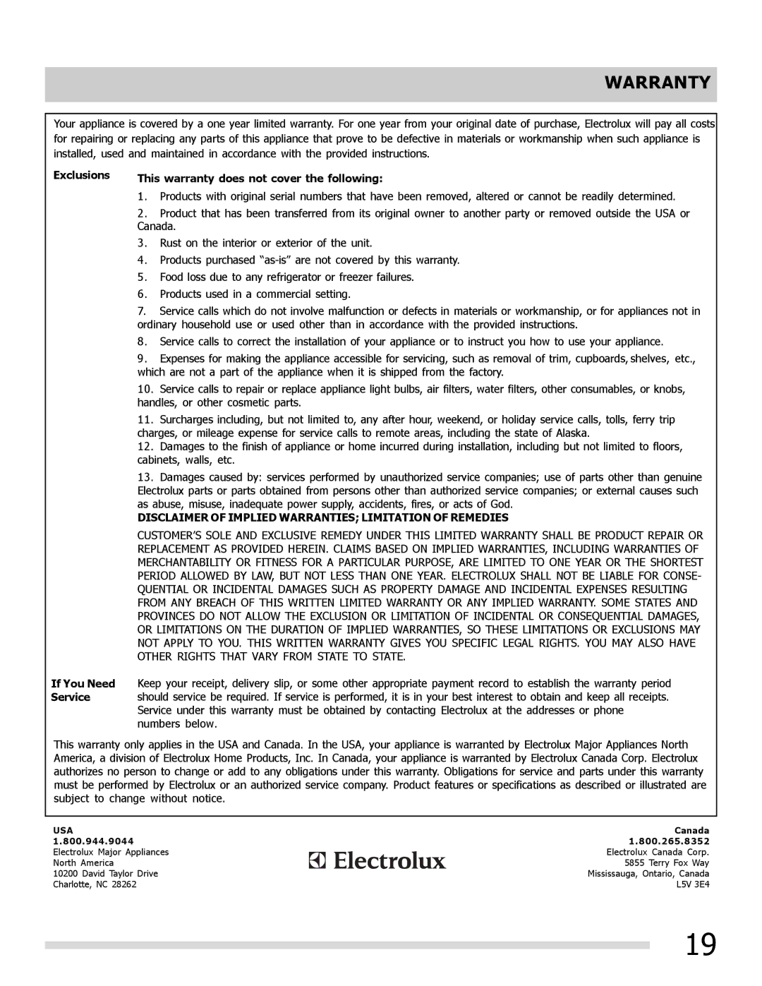 Frigidaire 6.75E+11, FGHD2491LB, FGHD2472PW, FGHD2491LW Warranty, Disclaimer of Implied Warranties Limitation of Remedies 