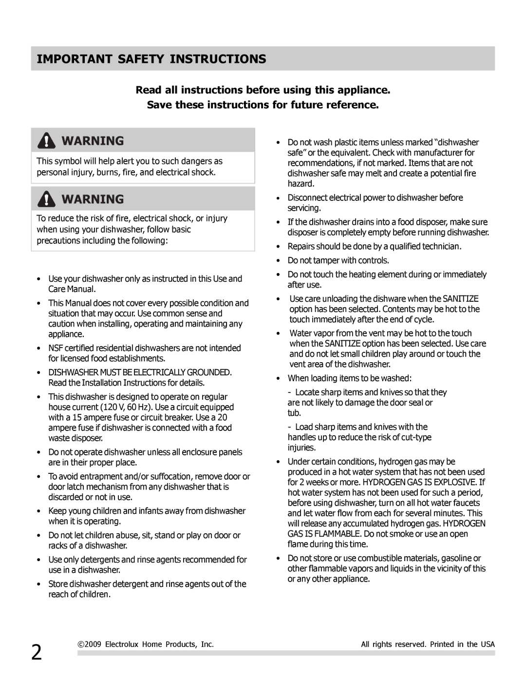 Frigidaire FGHD2491LW, FGHD2491LB, FGHD2472PW, FGHD2472PB, 6.75E+11 important safety instructions Important Safety Instructions 