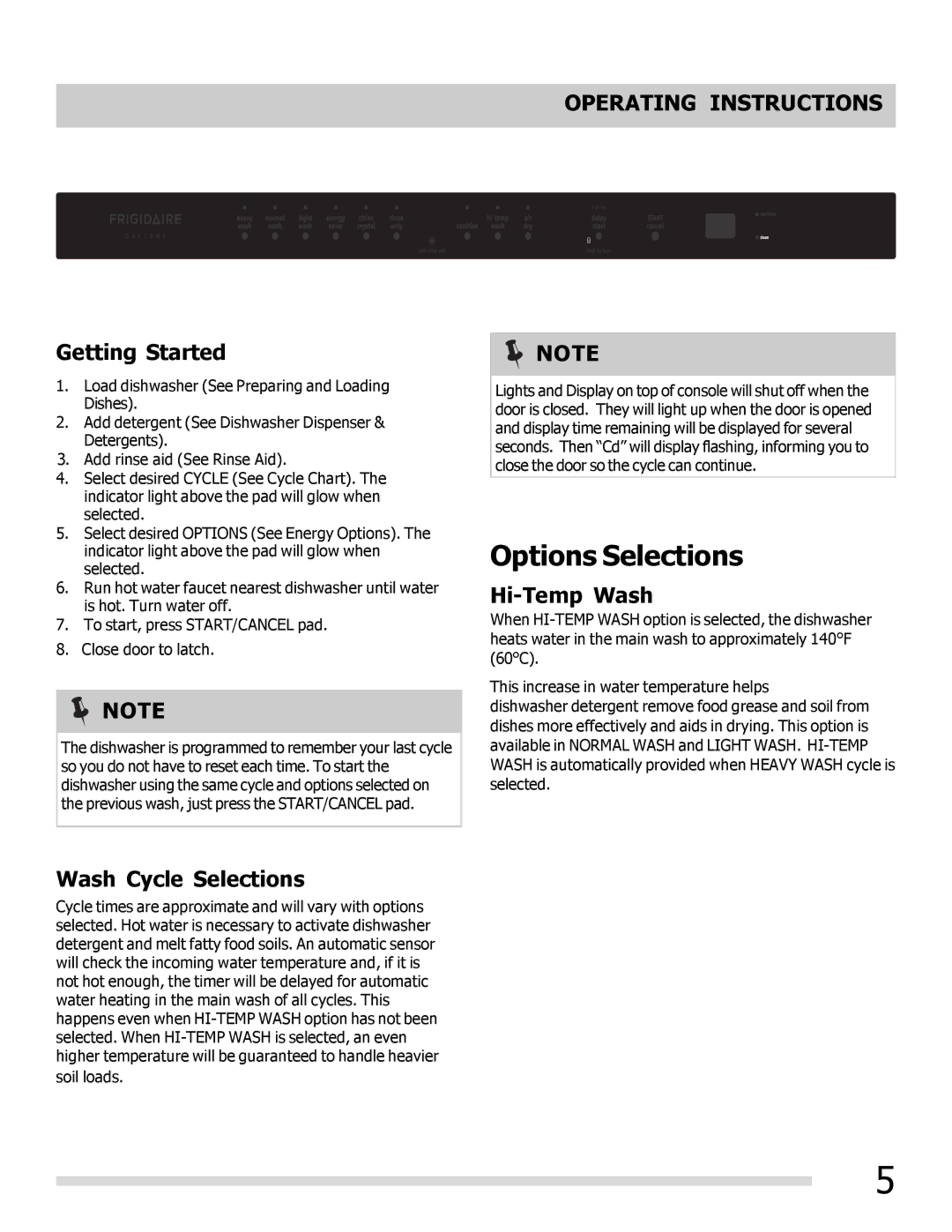 Frigidaire FGHD2491LB Options Selections, Operating Instructions, Getting Started, Wash Cycle Selections, Hi-Temp Wash 