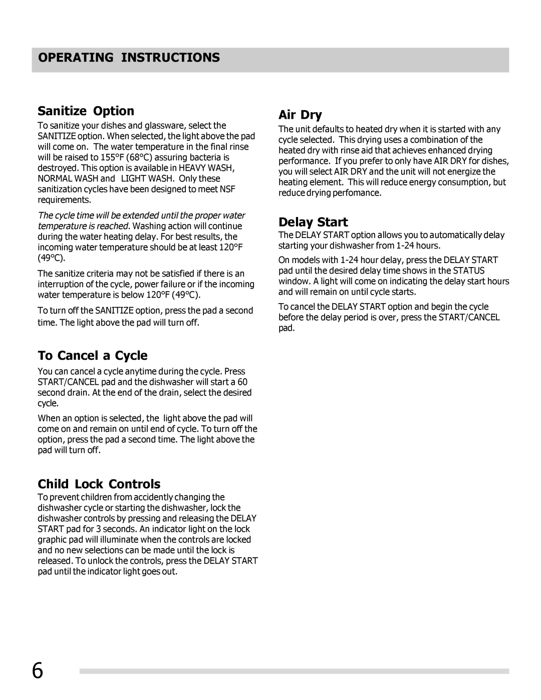 Frigidaire FGHD2472PW, FGHD2491LB, FGHD2491LW Sanitize Option, To Cancel a Cycle, Child Lock Controls, Air Dry, Delay Start 