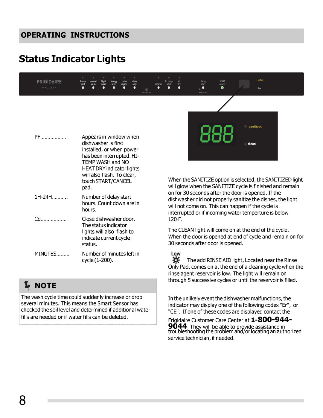 Frigidaire FGHD2472PB, FGHD2491LB, FGHD2472PW, FGHD2491LW, 6.75E+11 Status Indicator Lights, Minutes…...… 