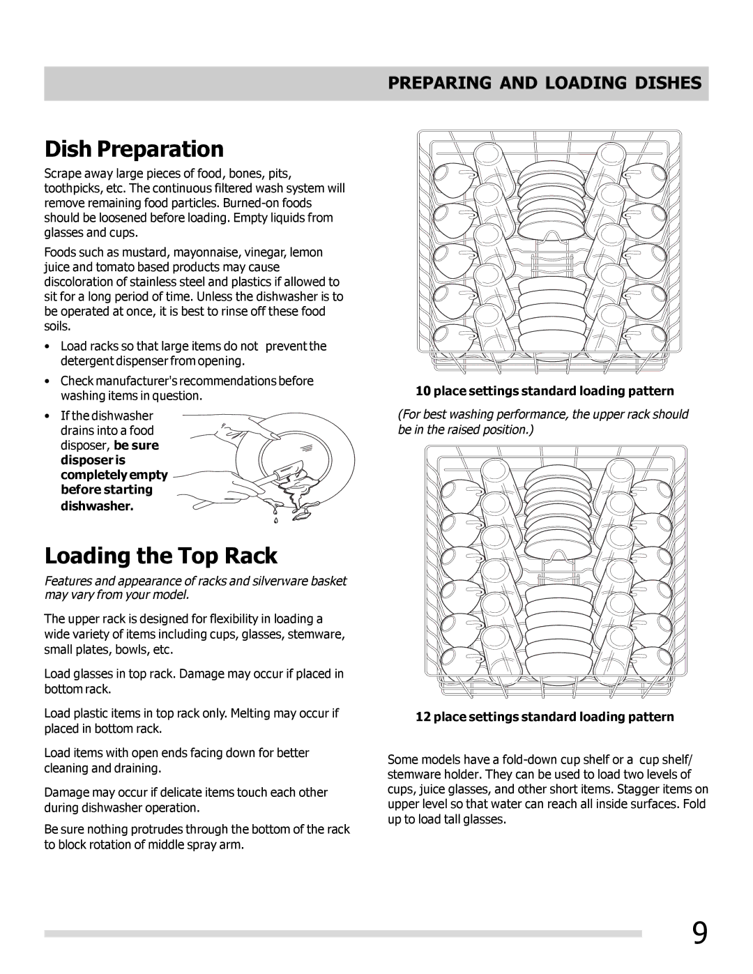 Frigidaire 6.75E+11, FGHD2491LB, FGHD2472PW, FGHD2491LW Dish Preparation, Loading the Top Rack, Preparing and Loading Dishes 