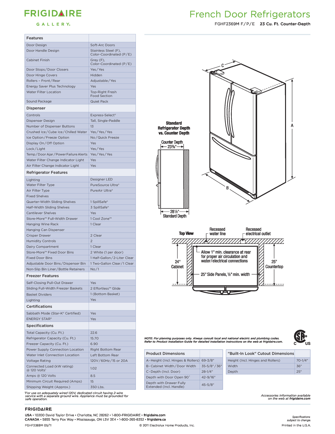 Frigidaire dimensions French Door Refrigerators, FGHF2369M F / P / E 23 Cu. Ft. Counter-Depth 