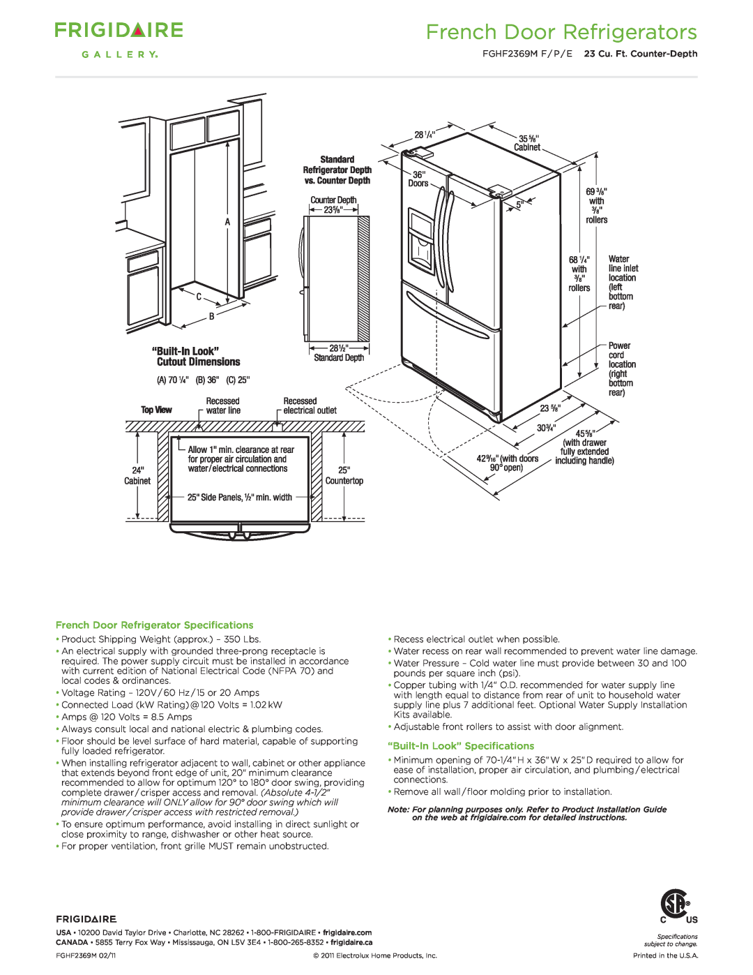 Frigidaire FGHF2369M French Door Refrigerator Specifications, “Built-InLook” Specifications, French Door Refrigerators 