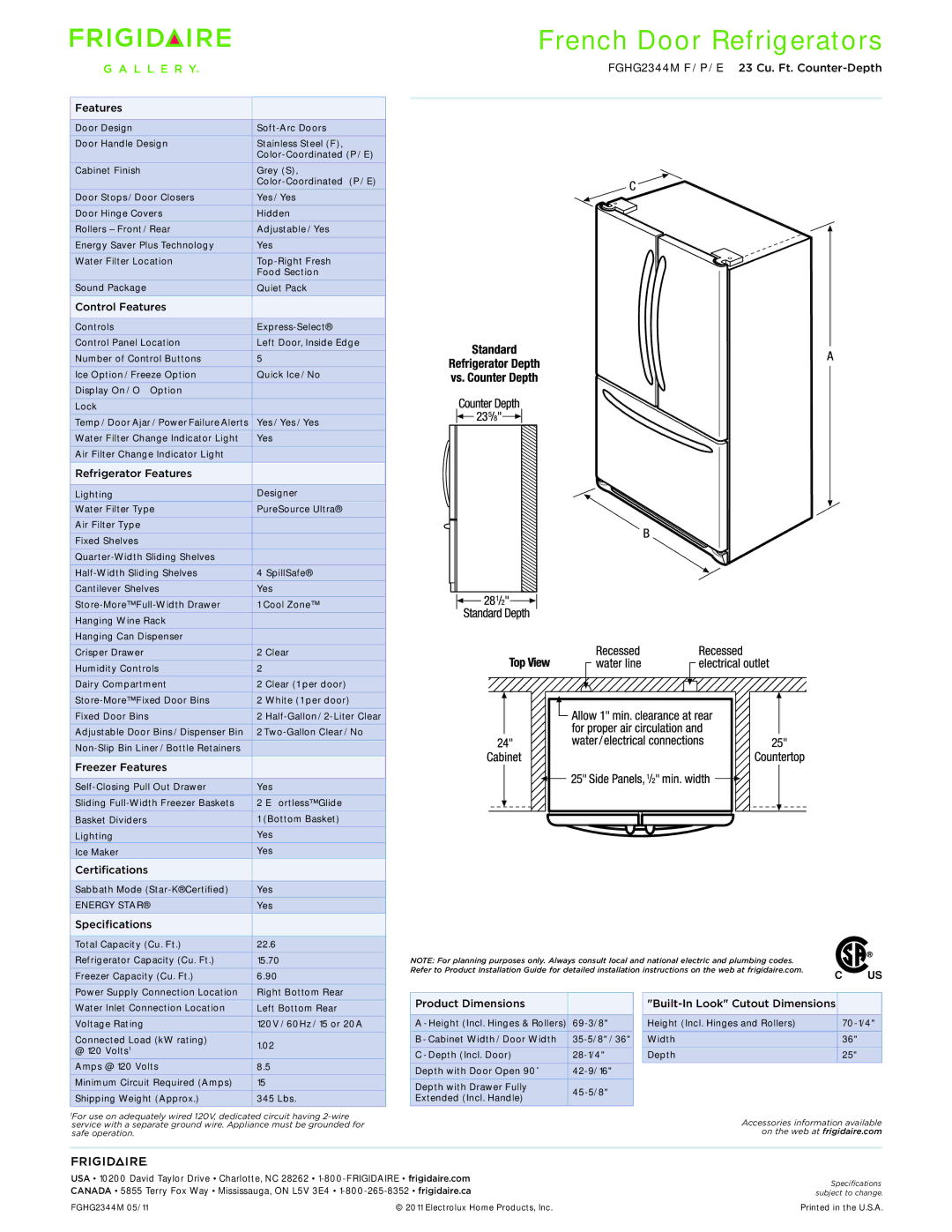 Frigidaire FGHG2344M Control Features, Refrigerator Features, Freezer Features, Certifications, Specifications 