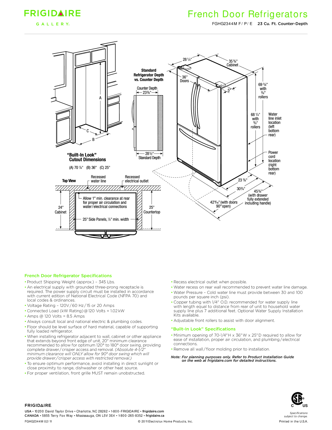 Frigidaire FGHG2344M dimensions French Door Refrigerator Specifications, Built-In Look Specifications 