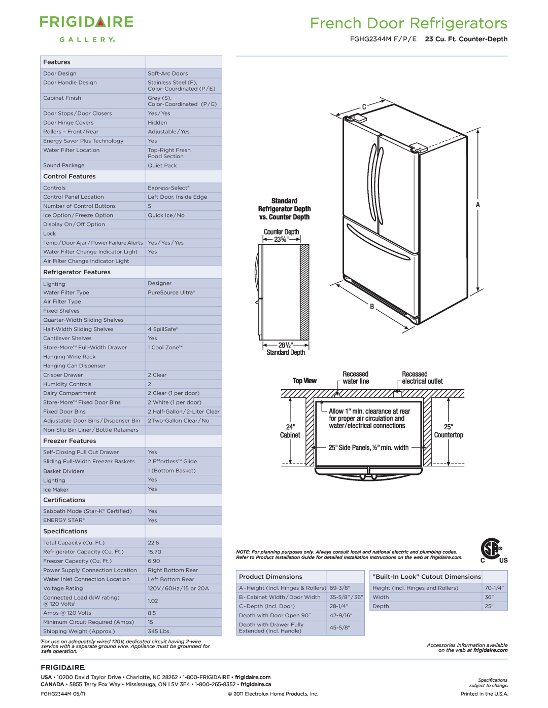 Frigidaire dimensions French Door Refrigerators, FGHG2344M F / P / E 23 Cu. Ft. Counter-Depth 