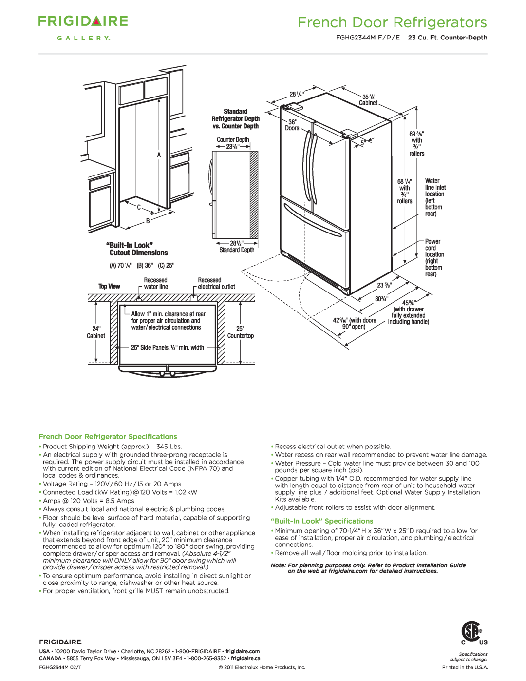 Frigidaire FGHG2344M French Door Refrigerator Specifications, “Built-InLook” Specifications, French Door Refrigerators 