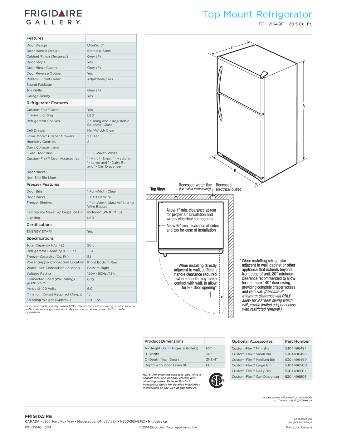 Frigidaire FGHI2164QF Refrigerator Features, Freezer Features, Certifications, Specifications, Product Dimensions 