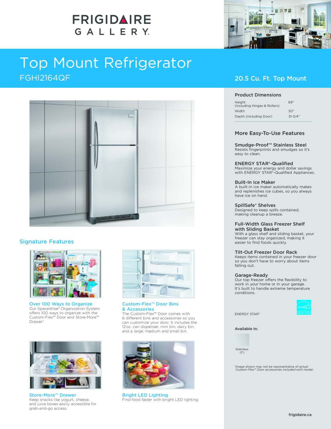 Frigidaire FGHI2164QF dimensions Top Mount Refrigerator, 20.5 Cu. Ft. Top Mount, Signature Features, Custom-FlexDoor Bins 