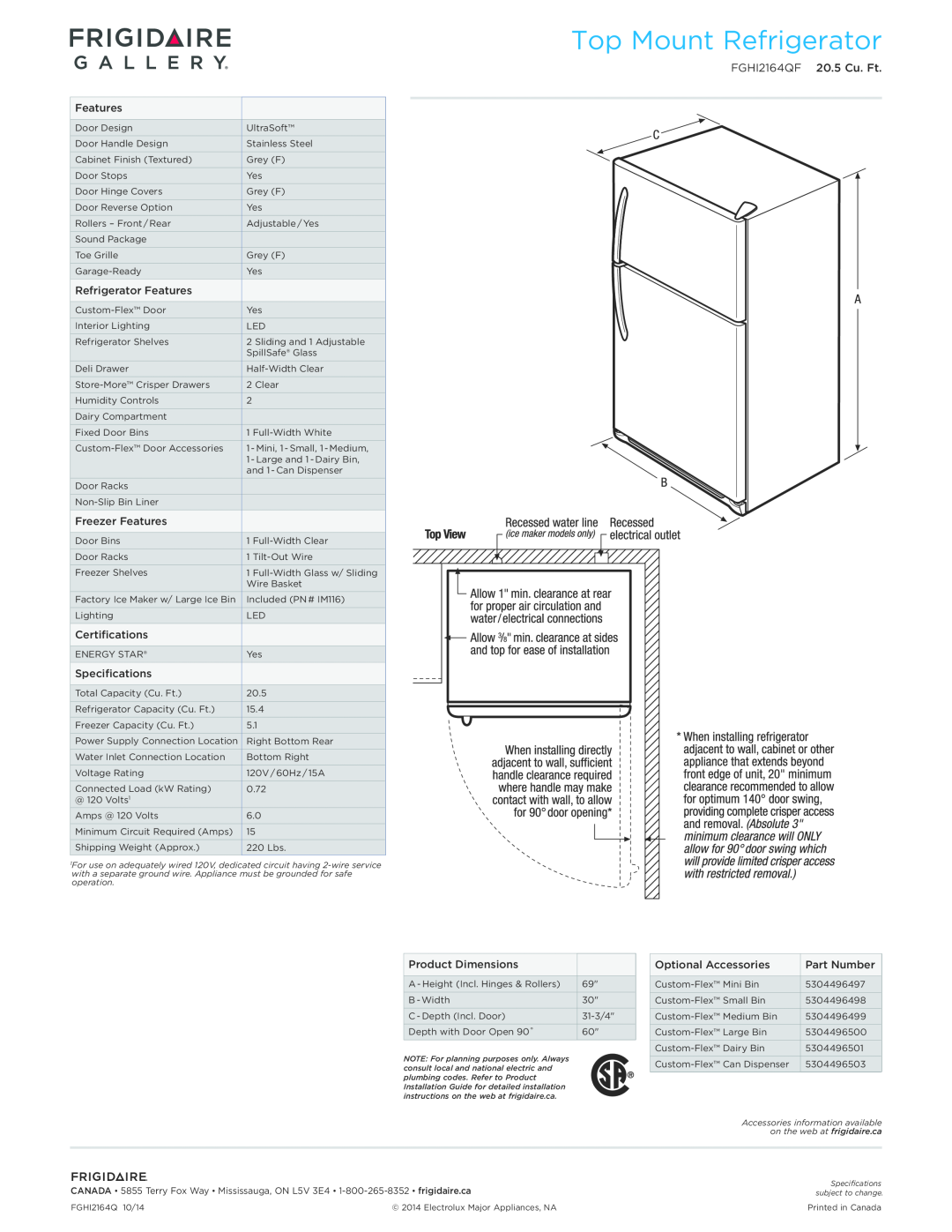 Frigidaire dimensions Top Mount Refrigerator, FGHI2164QF 20.5 Cu. Ft 