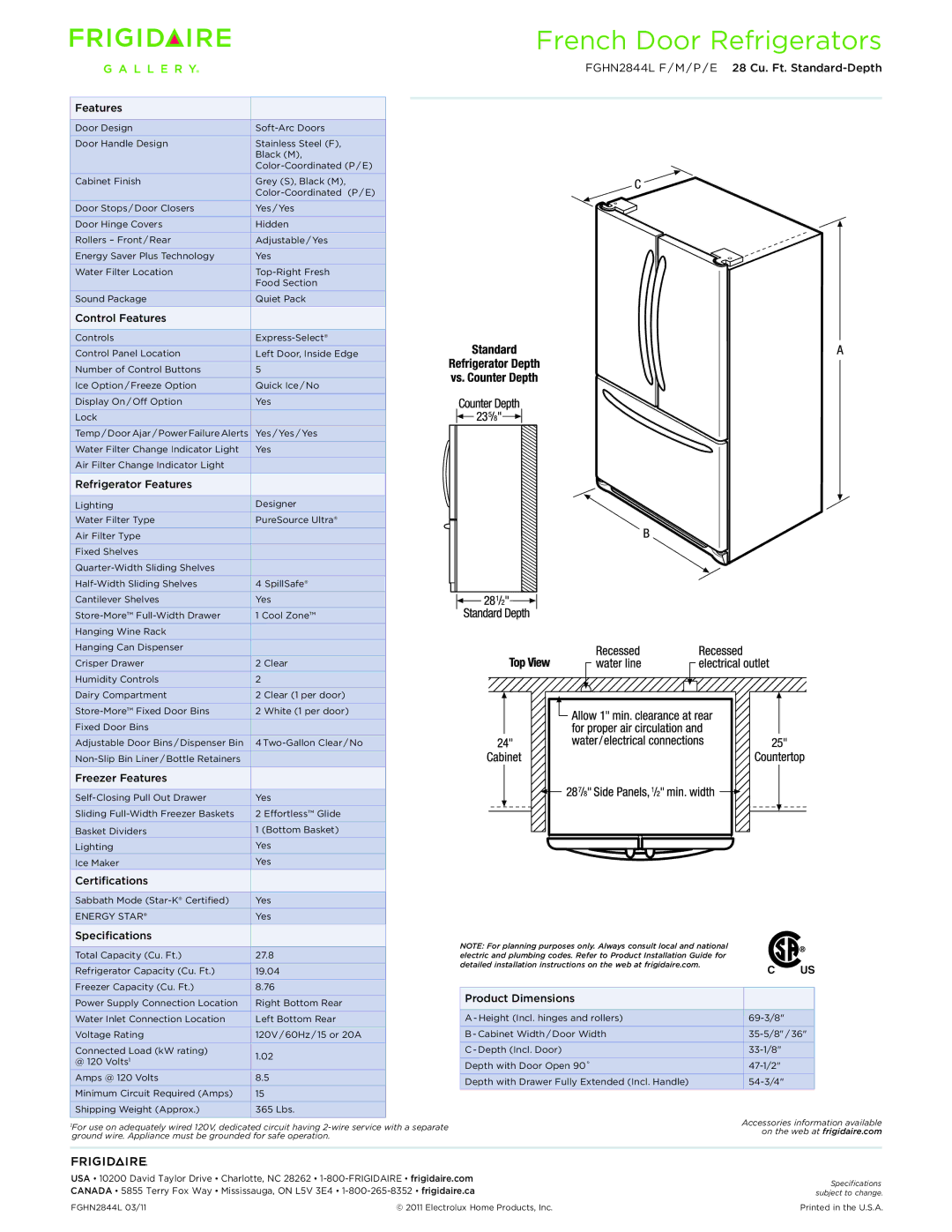 Frigidaire FGHN2844L Control Features, Refrigerator Features, Freezer Features, Certifications, Specifications 