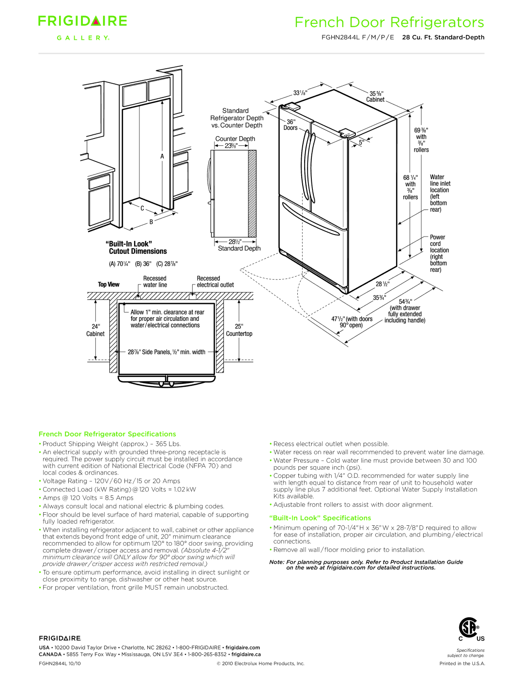 Frigidaire FGHN2844M, FGHN2844P, FGHN2844F, FGHN2844L French Door Refrigerator Specifications, Built-In Look Specifications 