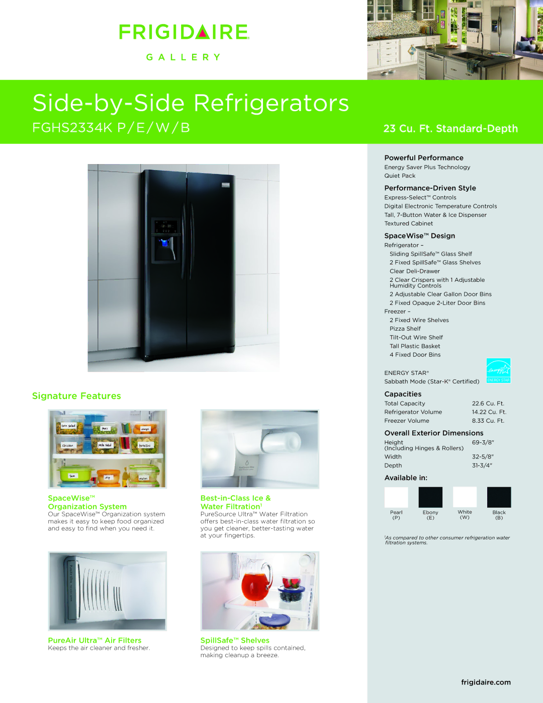 Frigidaire FGHS2334KW, FGHS2334KE, FGHS2334KB, FGHS2334KP dimensions PureAir Ultra Air Filters SpillSafe Shelves 