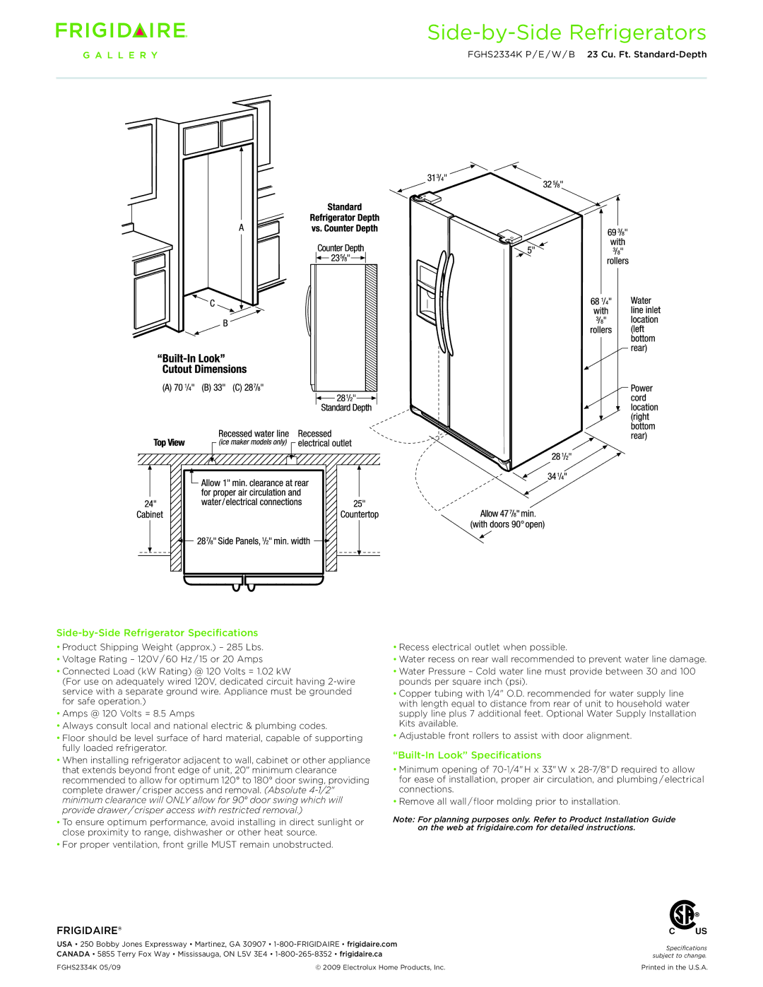 Frigidaire FGHS2334KB, FGHS2334KE, FGHS2334KW Side-by-Side Refrigerator Specifications, Built-In Look Specifications 