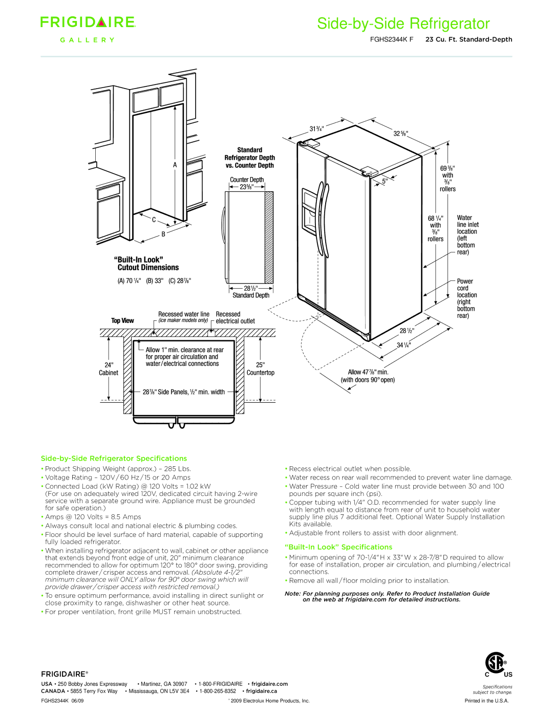 Frigidaire FGHS2344KF dimensions Side-by-Side Refrigerator Specifications, Built-In Look Specifications 