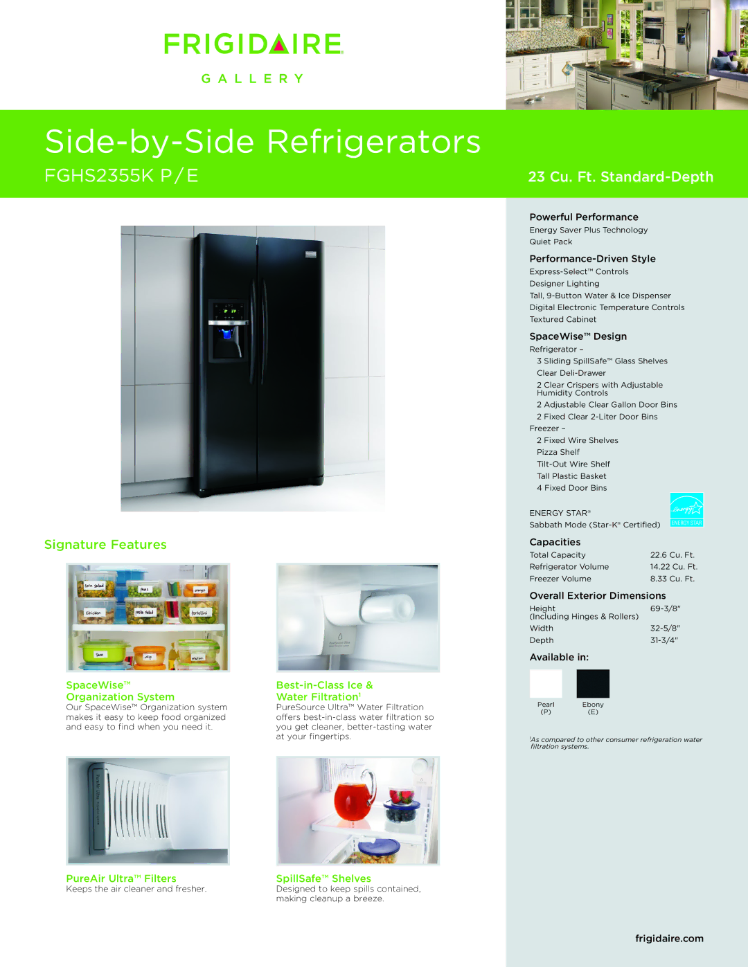 Frigidaire FGHS2355KP, FGHS2355KE dimensions PureAir Ultra Filters SpillSafe Shelves 