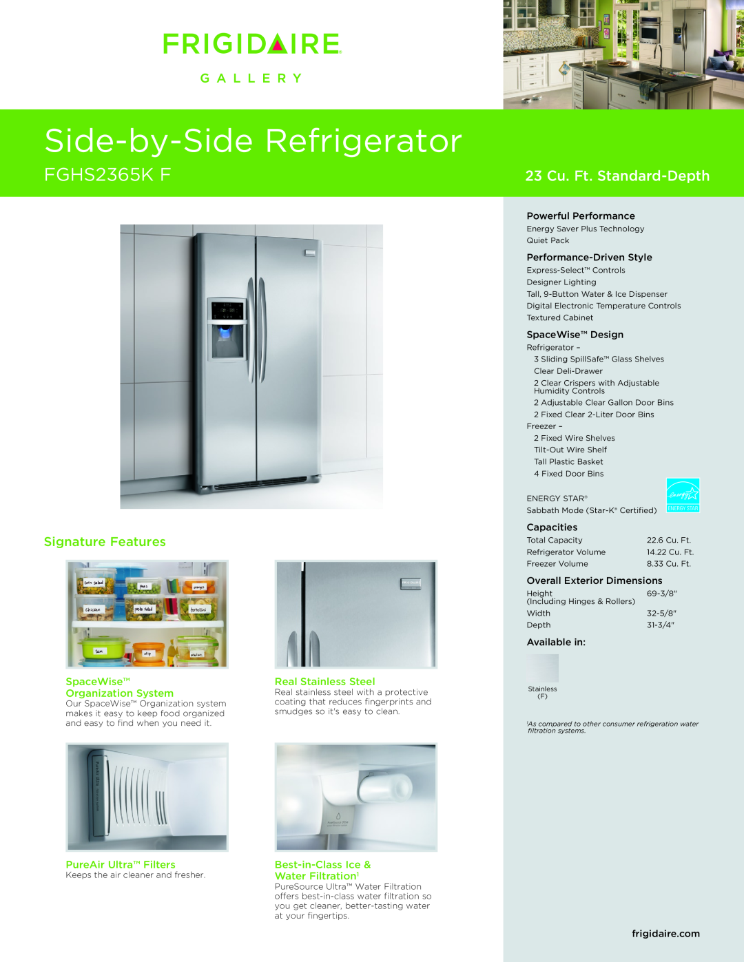 Frigidaire FGHS2365KF dimensions SpaceWise, Real Stainless Steel, Organization System, PureAir Ultra Filters, Capacities 