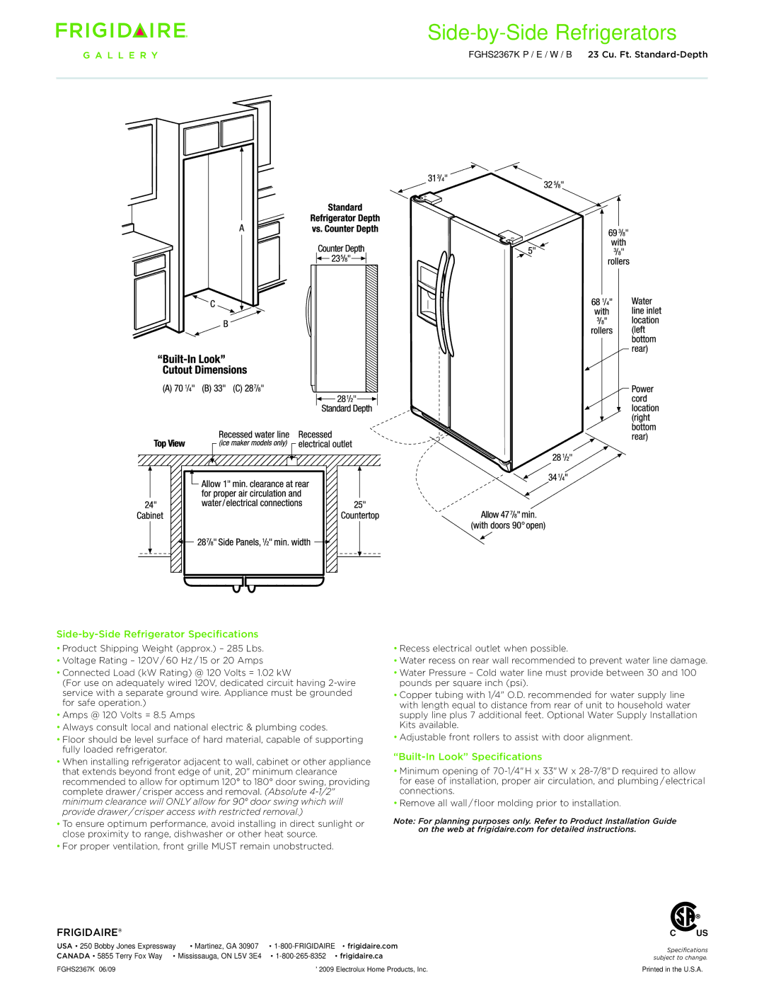 Frigidaire FGHS2367K dimensions Side-by-Side Refrigerator Specifications, Built-In Look Specifications 