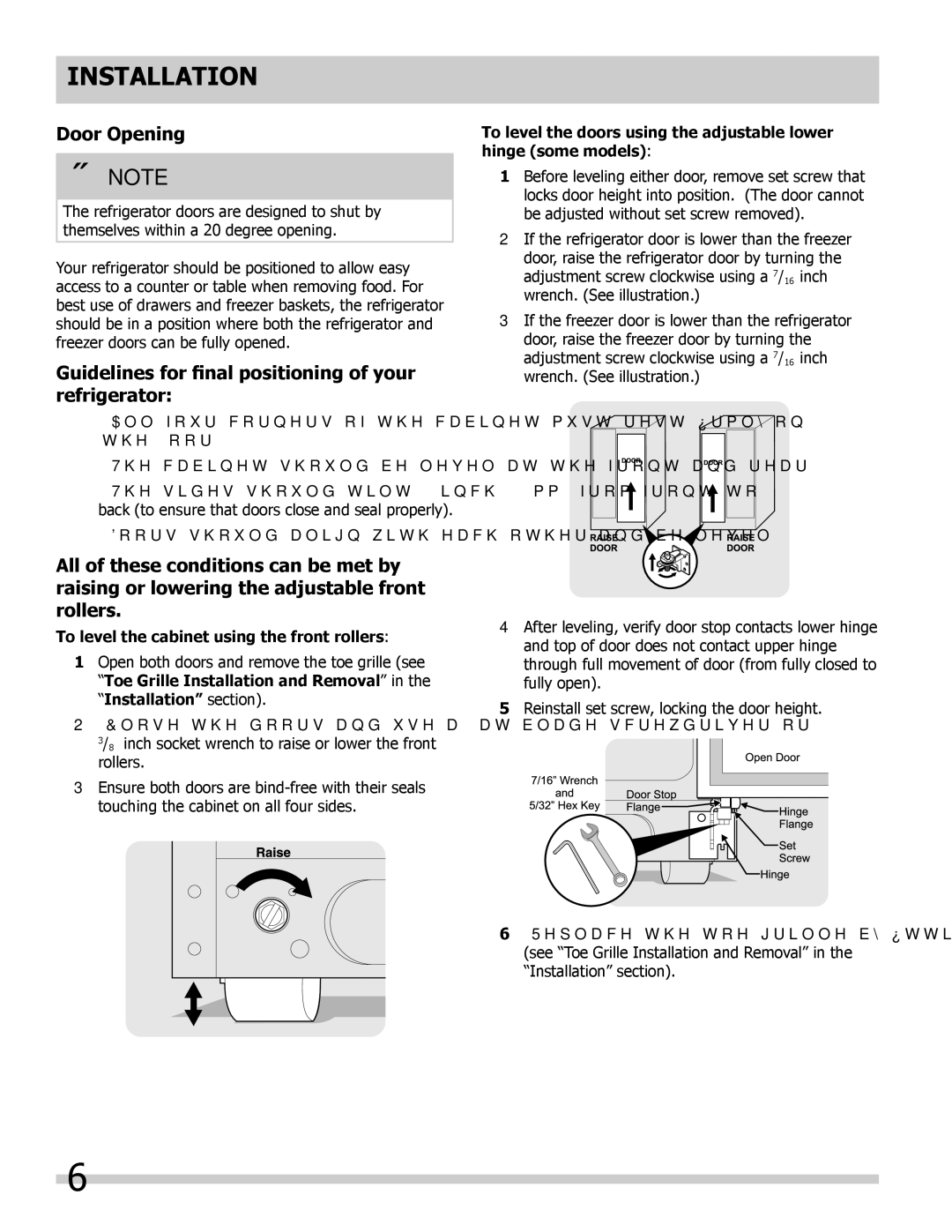 Frigidaire FRS26ZRFW0, FGHS2367KE, FPHS2687KF0, FRS20ZGH Door Opening, Guidelines for final positioning of your refrigerator 