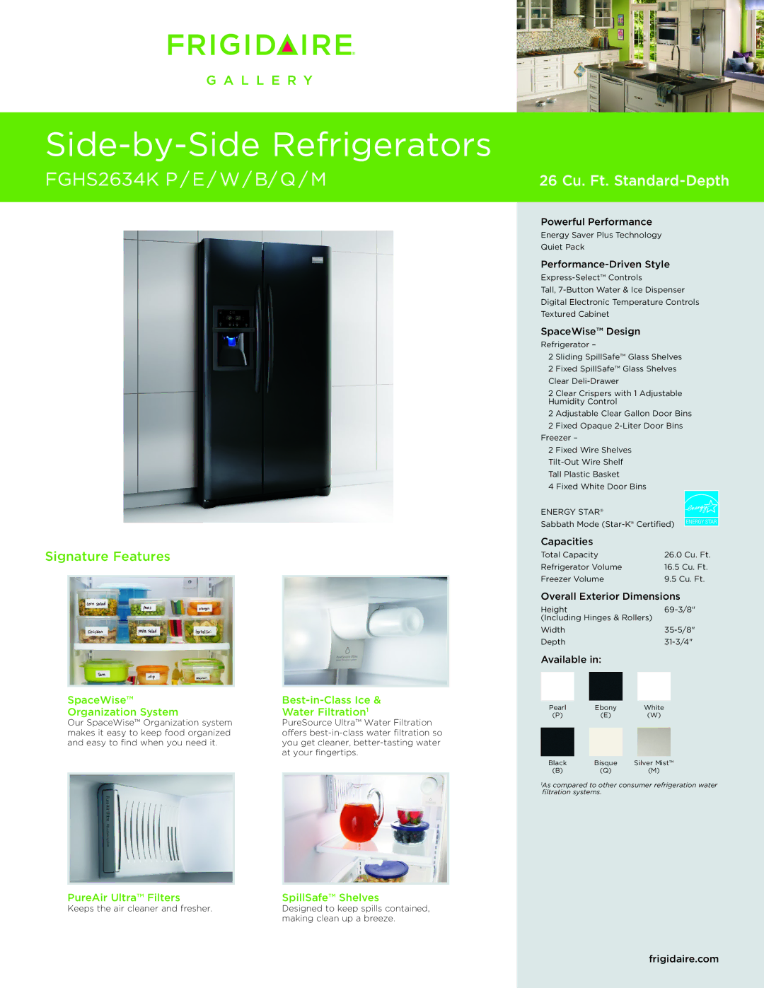 Frigidaire FGHS2634KE, FGHS2634KP, FGHS2634KW, FGHS2634K M, FGHS2634KB dimensions PureAir Ultra Filters SpillSafe Shelves 