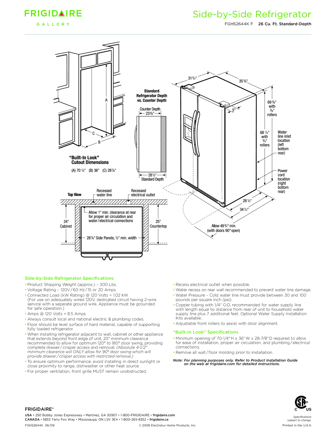 Frigidaire FGHS2644KF dimensions Side-by-Side Refrigerator Specifications, Built-In Look Specifications 