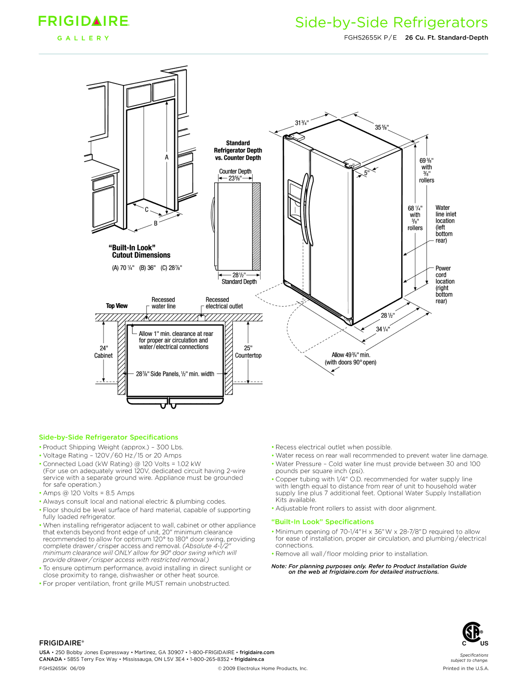 Frigidaire FGHS2655K P/E dimensions Side-by-Side Refrigerator Specifications, Built-In Look Specifications 