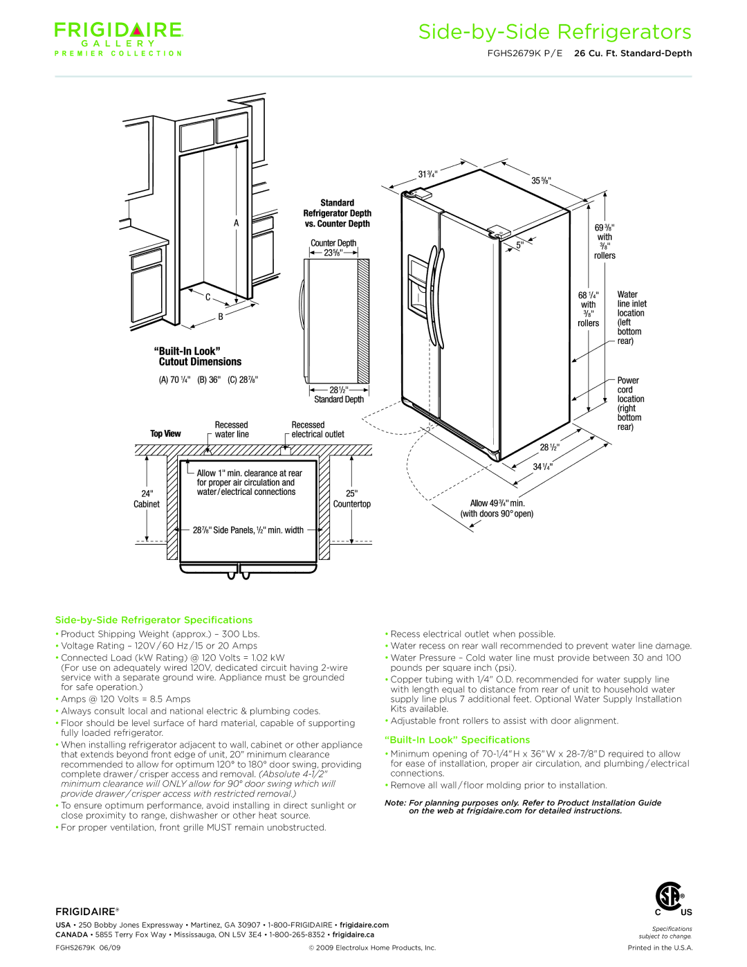 Frigidaire FGHS2679K P/E dimensions Side-by-Side Refrigerator Specifications, Built-In Look Specifications 