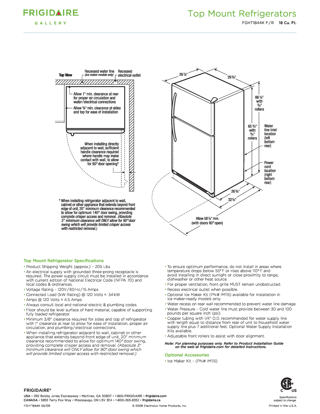 Frigidaire FGHT1844K Top Mount Refrigerator Specifications, Optional Accessories, Frigidaire, Top Mount Refrigerators 