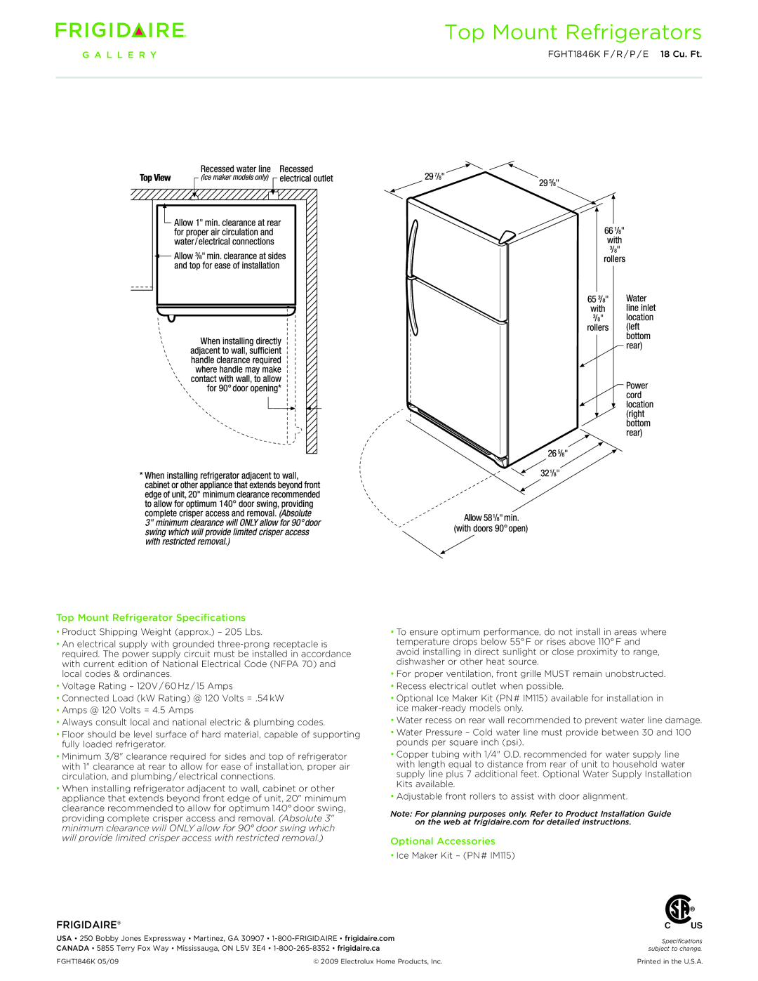 Frigidaire FGHT1846k dimensions Top Mount Refrigerator Specifications, Optional Accessories 