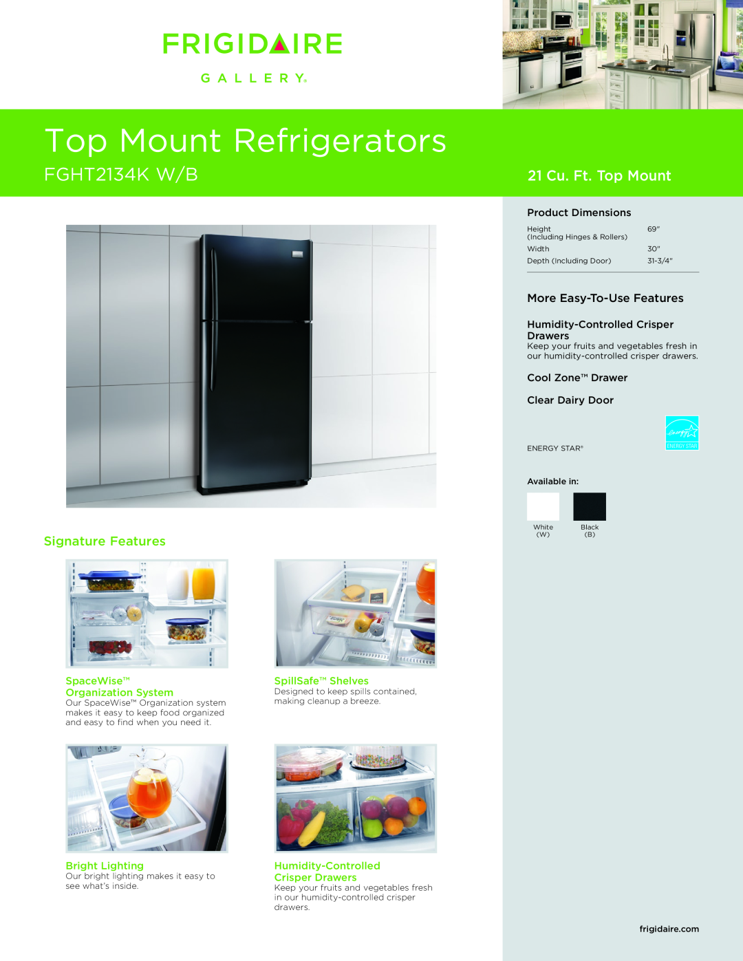 Frigidaire FGHT2134K W/B dimensions Top Mount Refrigerators, 21 Cu. Ft. Top Mount, Signature Features, Product Dimensions 