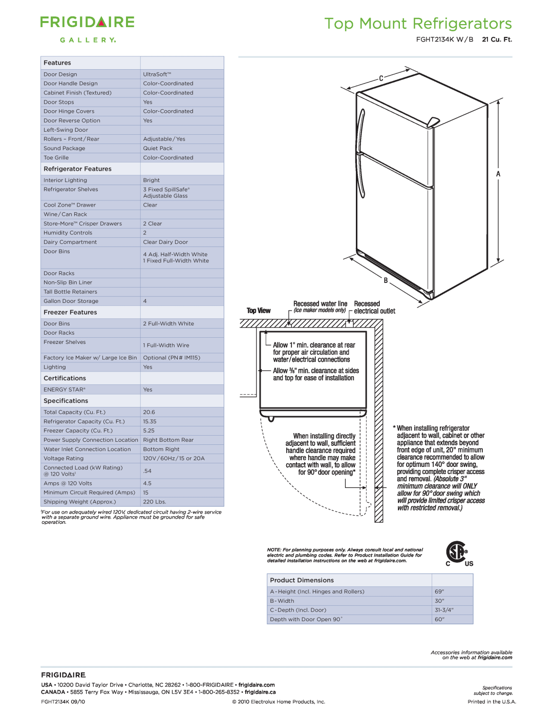Frigidaire FGHT2134K W/B dimensions Top Mount Refrigerators, FGHT2134K W / B 21 Cu. Ft 