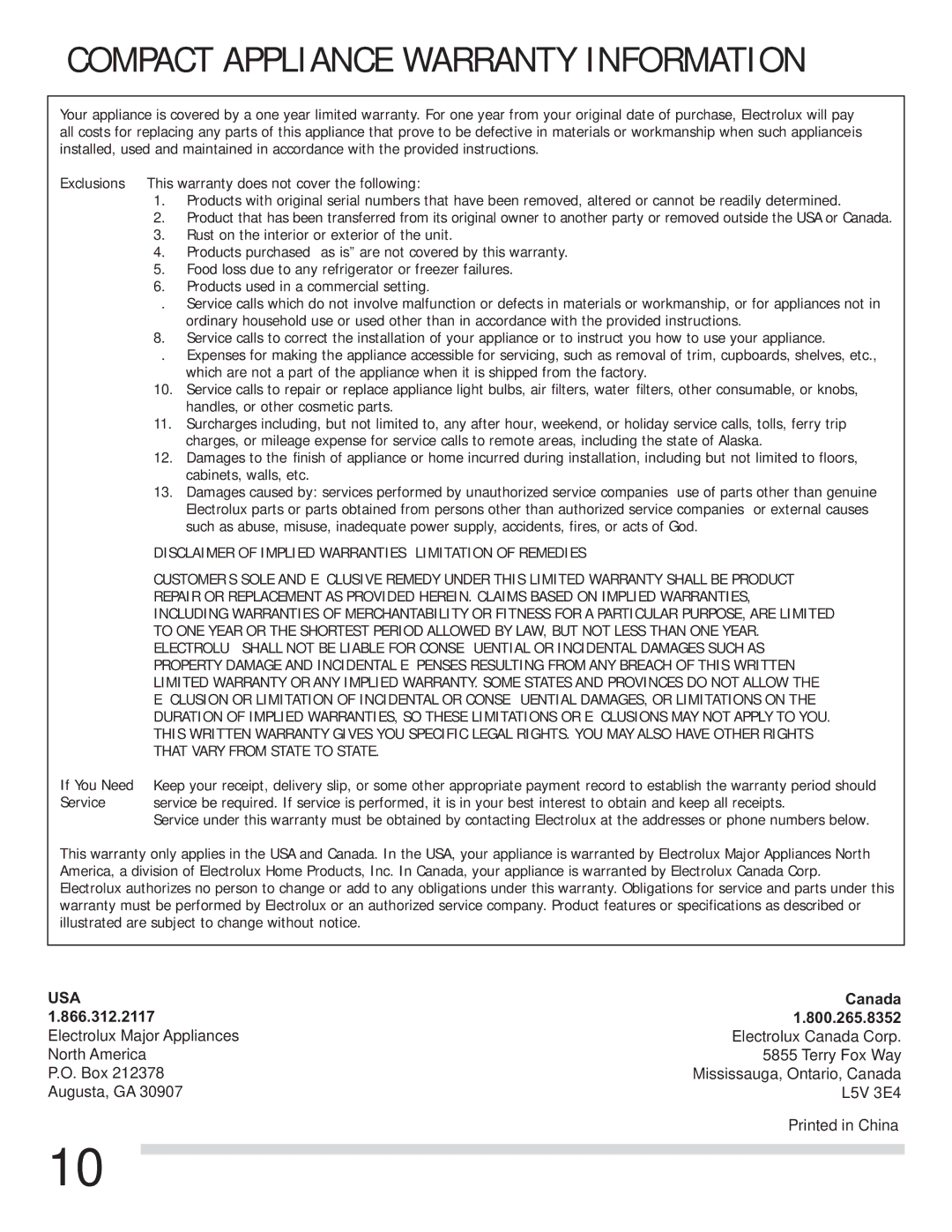 Frigidaire FGIC13P3KS important safety instructions Compact Appliance Warranty Information 