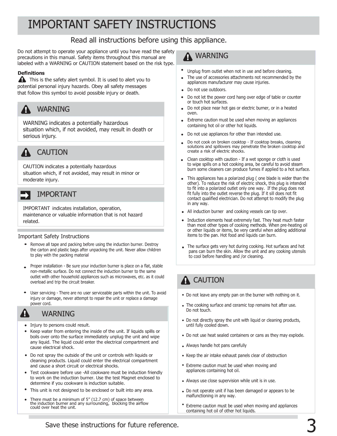 Frigidaire FGIC13P3KS important safety instructions Important Safety Instructions 