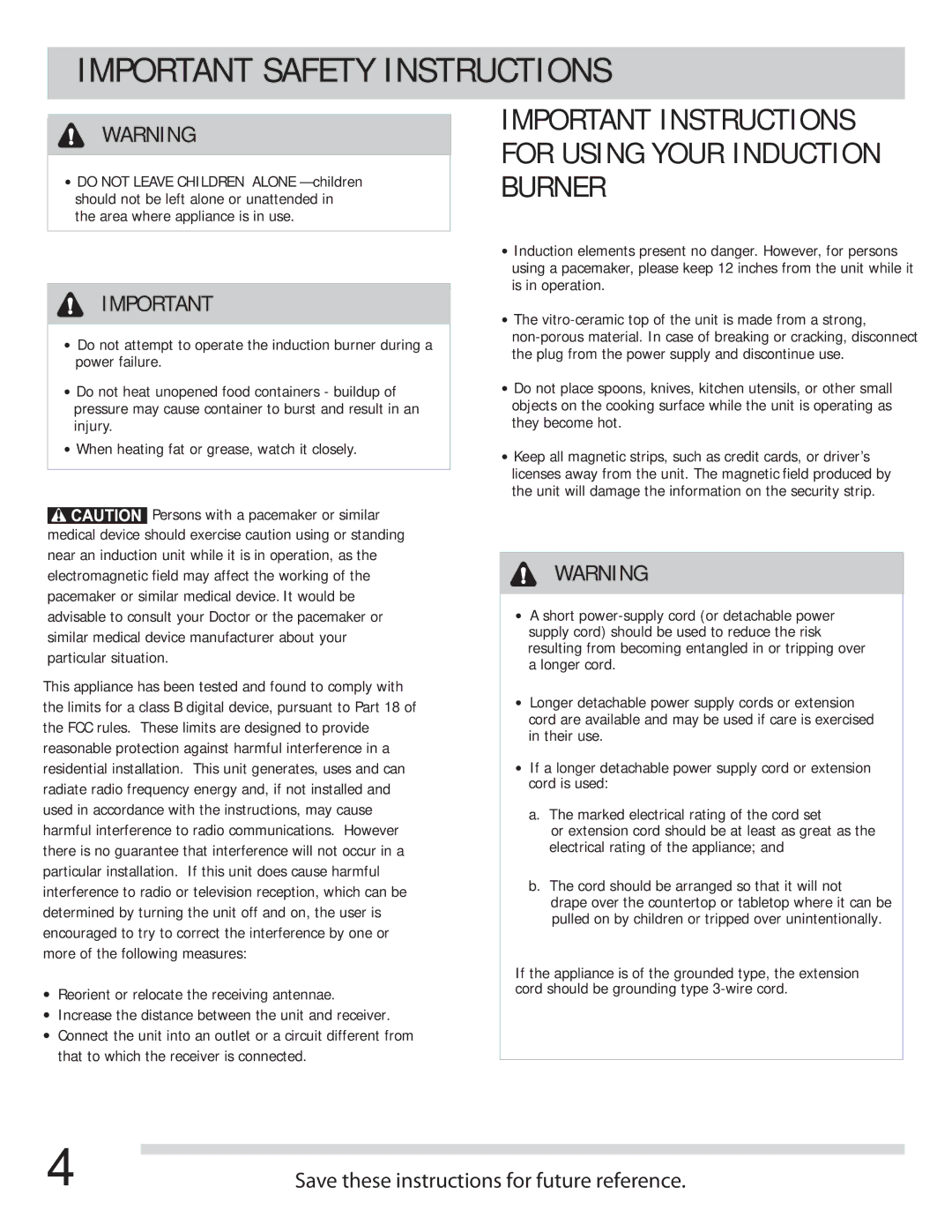 Frigidaire FGIC13P3KS important safety instructions Important Instructions for Using Your Induction Burner 