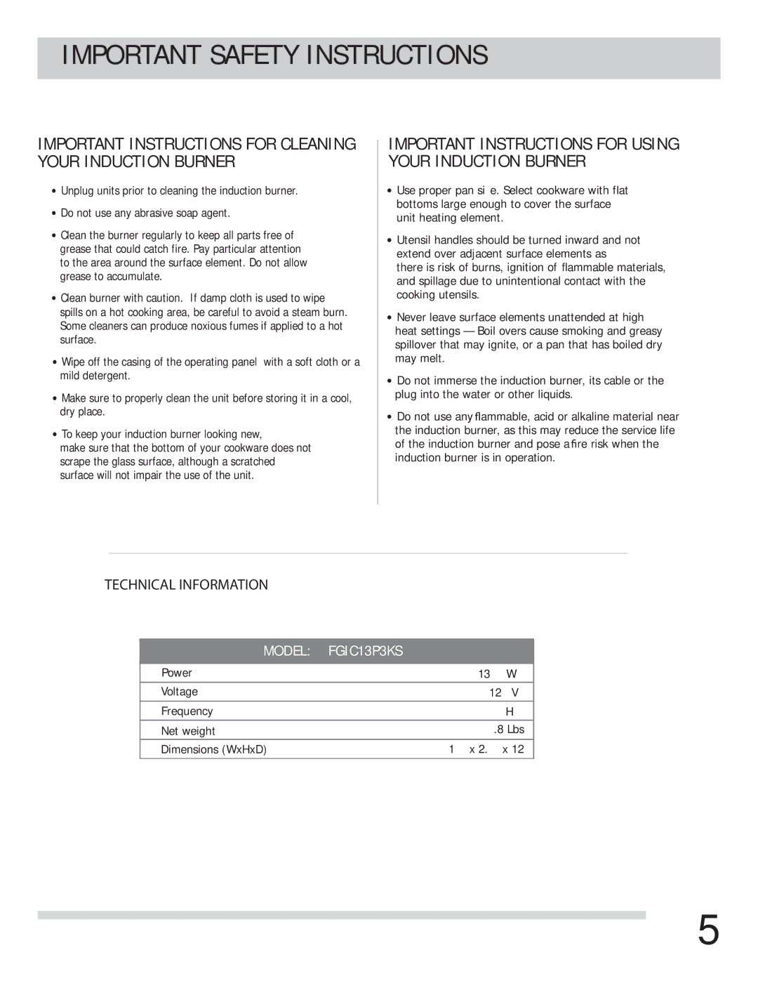 Frigidaire FGIC13P3KS Important Safety Instructions, Important Instructions for Cleaning Your Induction Burner 