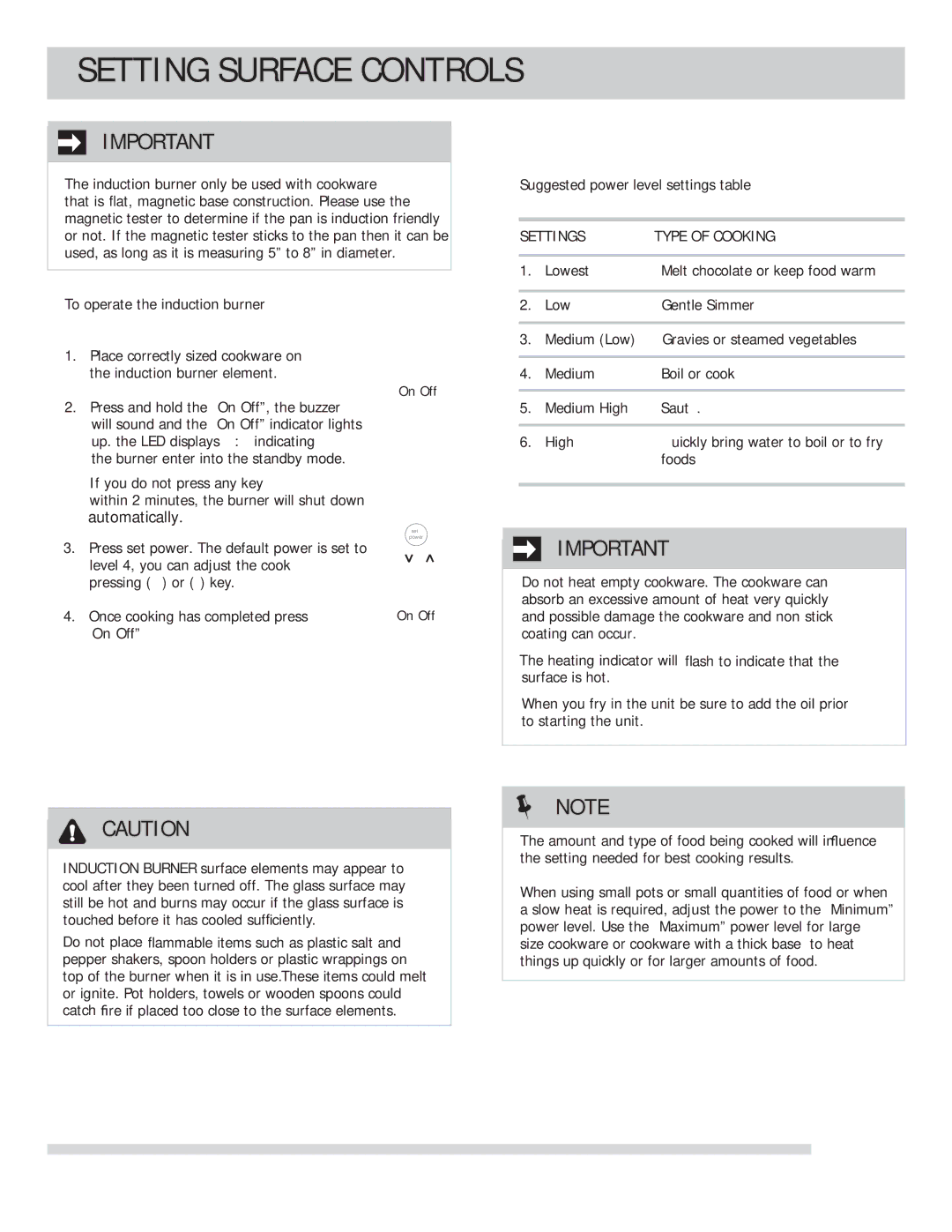 Frigidaire FGIC13P3KS important safety instructions Setting Surface Controls, Settings Type of Cooking 