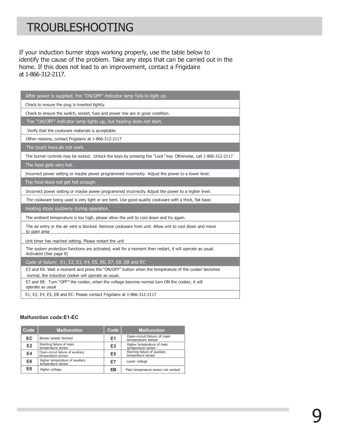 Frigidaire FGIC13P3KS important safety instructions Troubleshooting 