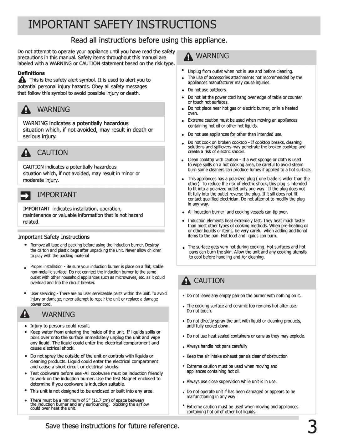 Frigidaire FGIC13P3KS Important Safety Instructions, Save these instructions for future reference, serious injury 