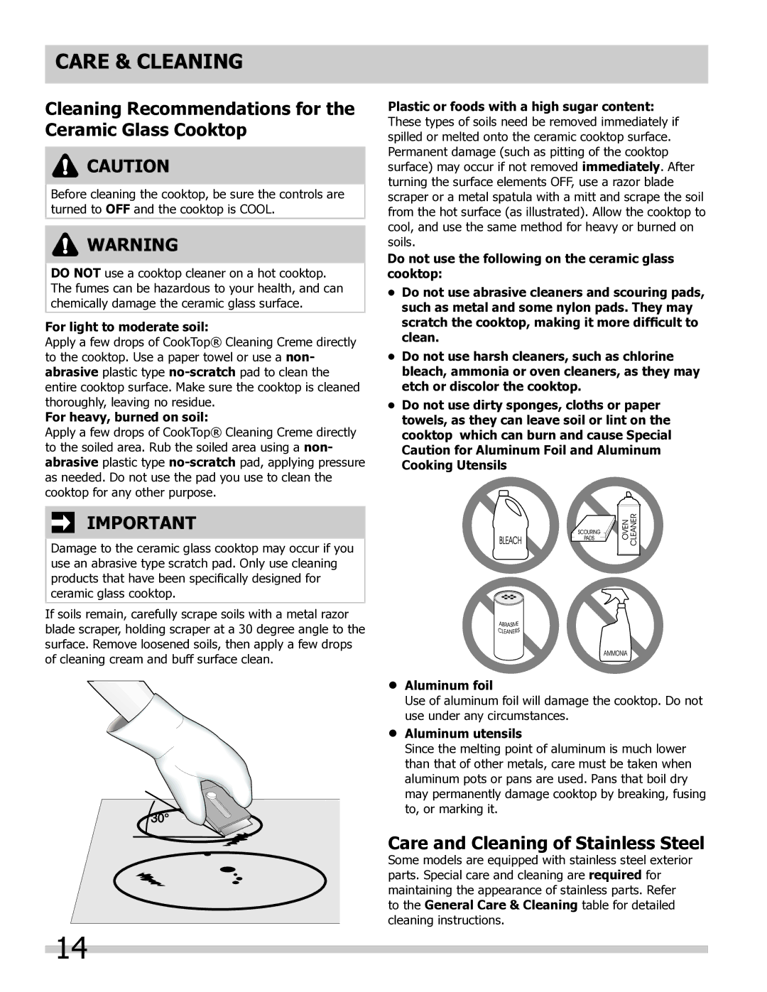 Frigidaire FPIC3095MS Cleaning Recommendations for the Ceramic Glass Cooktop, Care and Cleaning of Stainless Steel 